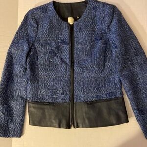 Ecru Navy Tweed and Leather Jacket / Blazer, Size Medium